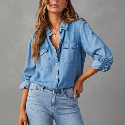 Loose-Fit Sleeve Shirt Denim Long V-Neck