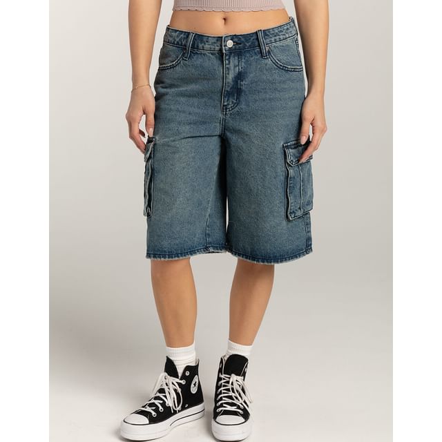 Low Washed Denim Pocket Shorts Waist Wide-Leg