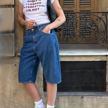 Low Waist Washed Pocket Straight-Leg Denim Shorts