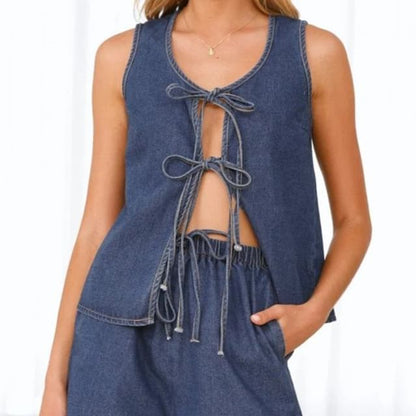 Top Tie-Front Wide-Leg Shorts V-Neck Tank Set: + Denim High Mini Waist