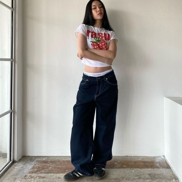 Wide-Leg Loose-Fit Jeans Rise Low Washed