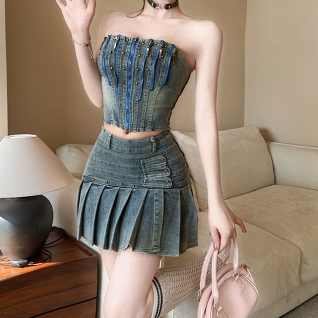 Studded Denim Crop Top and Pleated Mini Skirt Set