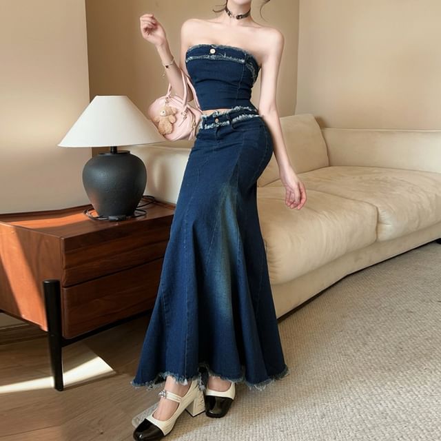 Denim Crop Top and Fishtail Maxi Skirt Set