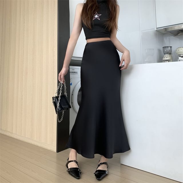 Satin Mermaid Skirt with High Waist and Midi Length
