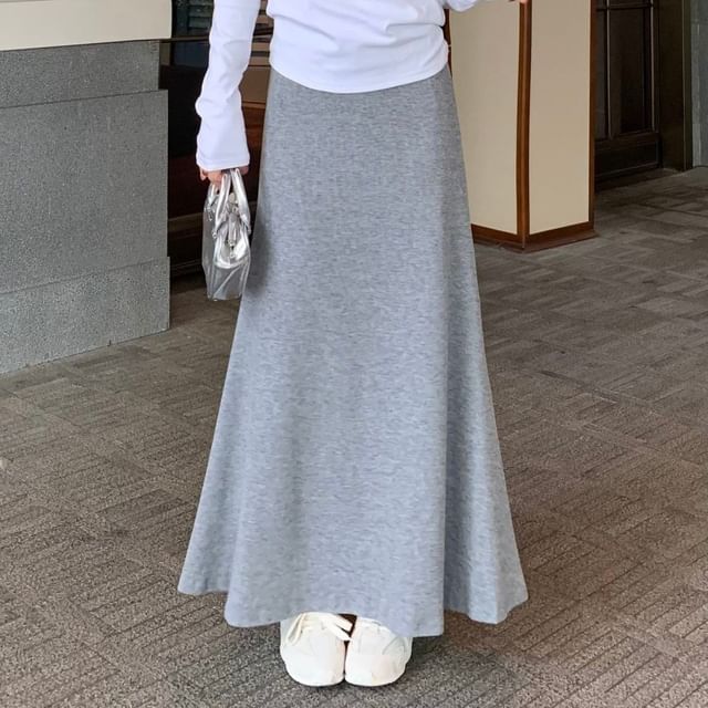 Long A-Line Skirt with High Rise and Plain Fabric