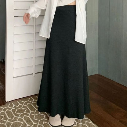 Long A-Line Skirt with High Rise and Plain Fabric