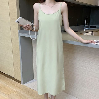 Spaghetti Strap Scoop Neck Plain Open Back Slit Midi Shift Dress