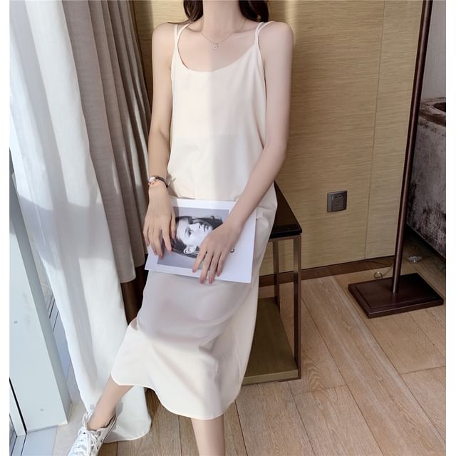 Spaghetti Strap Scoop Neck Plain Open Back Slit Midi Shift Dress
