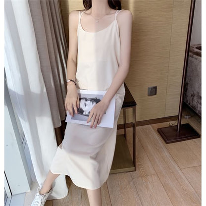 Spaghetti Strap Scoop Neck Plain Open Back Slit Midi Shift Dress