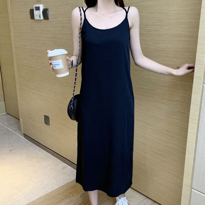 Spaghetti Strap Scoop Neck Plain Open Back Slit Midi Shift Dress