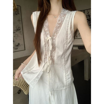 Lace Trim Top and Maxi Skirt Set with V-Neck
