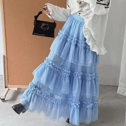 Tiered Mesh Maxi Skirt with Frill and Lace Trim