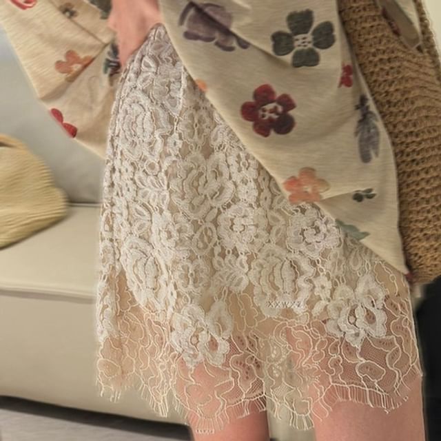Fringed Lace Mini Skirt with High Rise