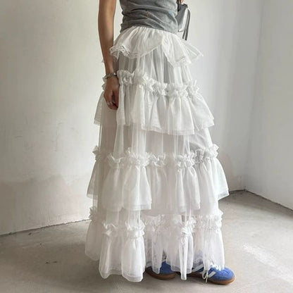 Tiered Mesh Maxi Skirt with Frill and Lace Trim