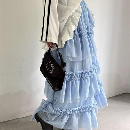 Tiered Mesh Maxi Skirt with Frill and Lace Trim