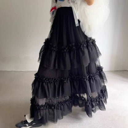 Tiered Mesh Maxi Skirt with Frill and Lace Trim