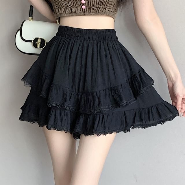 Tiered Lace Mini Skirt with High Rise