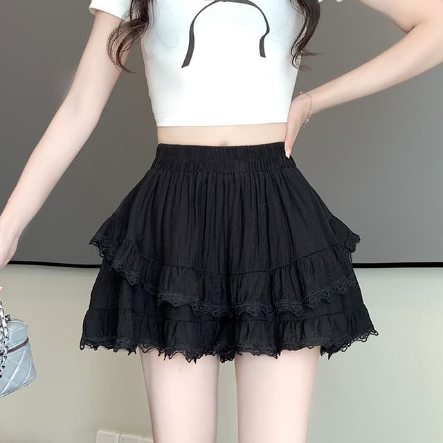 High-Waist Lace-Trimmed Mini Skirt