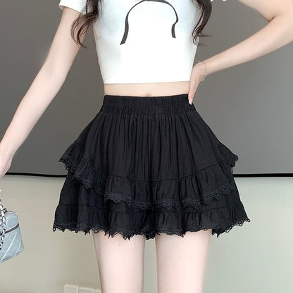 High-Waist Lace-Trimmed Mini Skirt