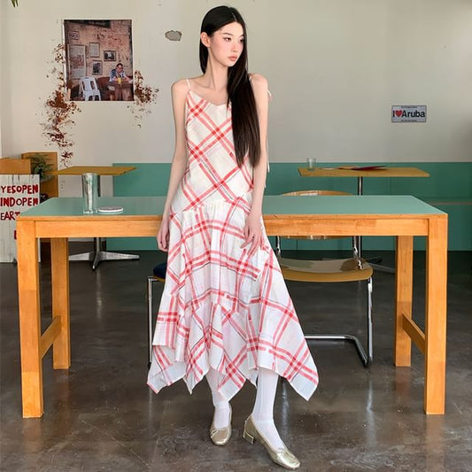 Spaghetti Strap V-Neck Plaid Midi A-Line Dress