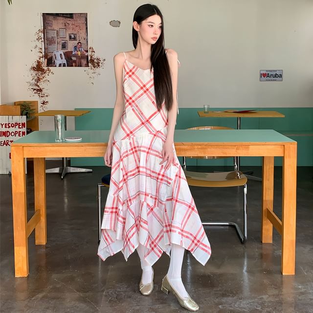 Spaghetti Strap V-Neck Plaid Midi A-Line Dress