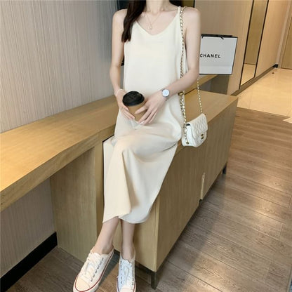 Spaghetti Strap V-Neck Plain Midi Shift Dress
