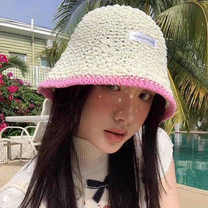 Lettering Applique Contrast Trim Knit Bucket Hat