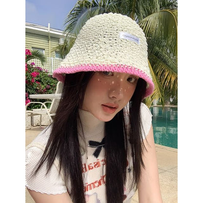 Lettering Applique Contrast Trim Knit Bucket Hat