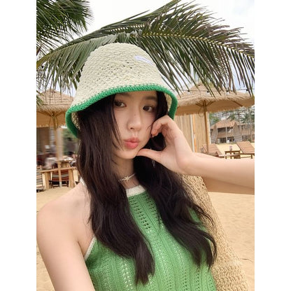 Lettering Applique Contrast Trim Knit Bucket Hat