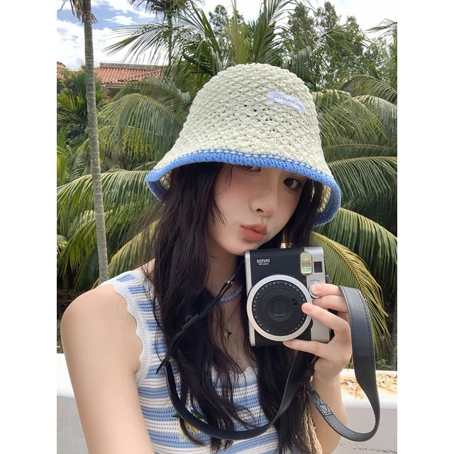 Lettering Applique Contrast Trim Knit Bucket Hat