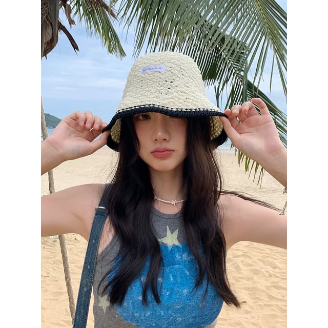 Lettering Applique Contrast Trim Knit Bucket Hat