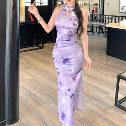 Halter Butterfly Print Slit Midi Qipao