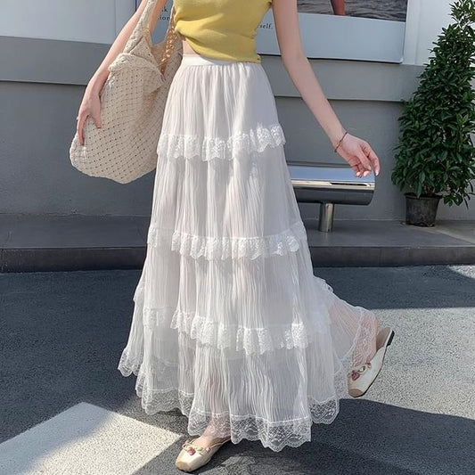 Tiered Maxi Skirt with Lace Trim and Elastic Waist