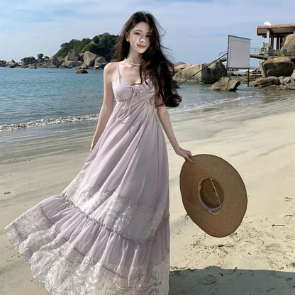 Spaghetti Strap V-Neck Lace Panel Tie Front Maxi A-Line Dress