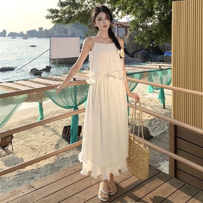Layered Ruffle Solid Crop Camisole & High-Waist Midi Flared Skirt Set