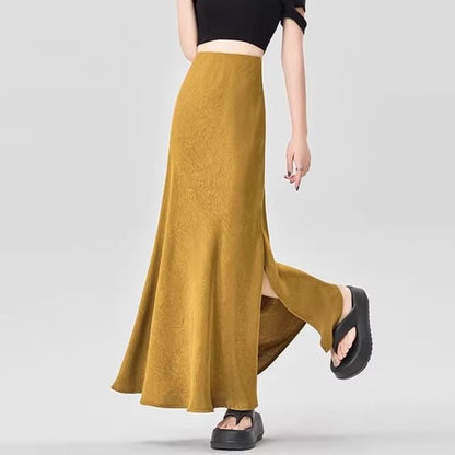 Midi A-Line Skirt with Slit and High Waistband