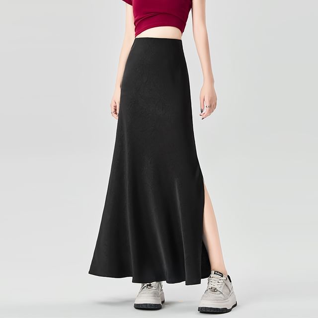 Midi A-Line Skirt with Slit and High Waistband