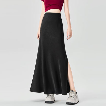 Midi A-Line Skirt with Slit and High Waistband