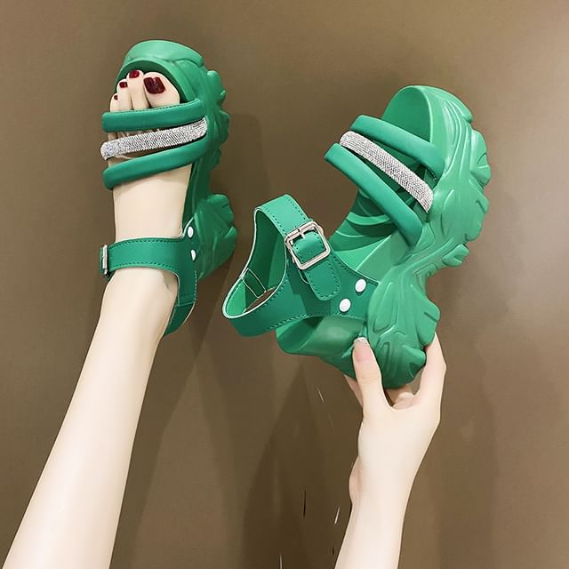 Rhinestone Strappy Platform Chunky Heel Sandals