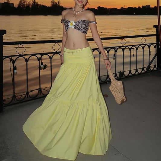 Low-Rise Solid Maxi Flared Skirt & Leopard Off-Shoulder Crop Top
