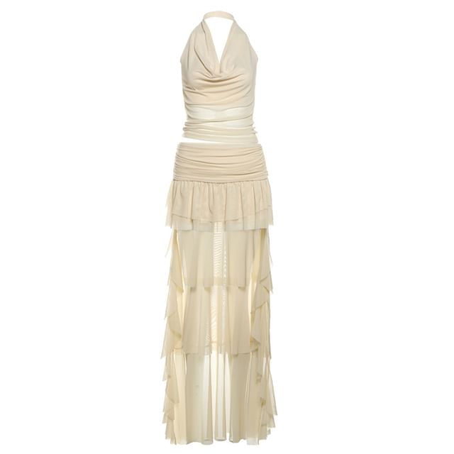 Cowl Neck Solid Cropped Halter & Asymmetric Long A-Line Skirt Set