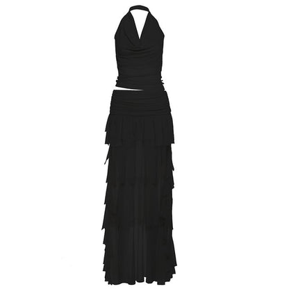 Cowl Neck Solid Cropped Halter & Asymmetric Long A-Line Skirt Set