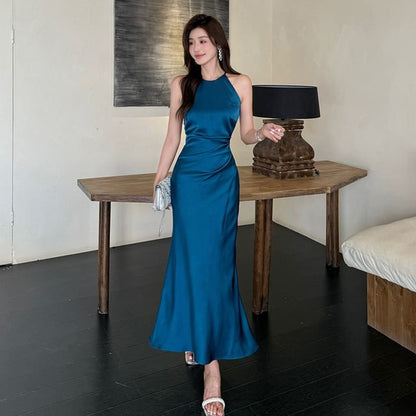 Spaghetti Strap Plain Ruched Satin Maxi Mermaid Dress