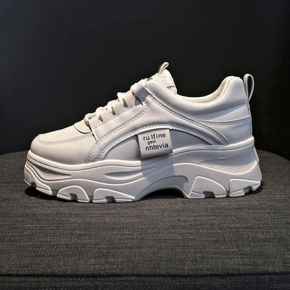 Platform Lace-Up Plain Faux Leather Sneakers