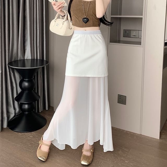 High-Waist Solid Mesh Panel Midi Flared Skirt