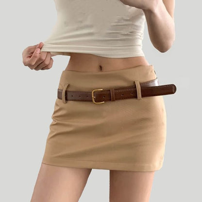 Mid-Waist Solid Short Pencil Skirt with Belt