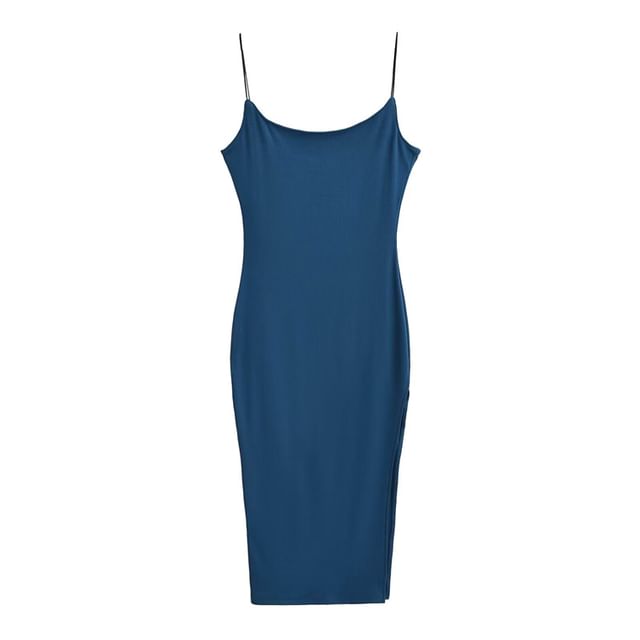 Spaghetti Strap Scoop Neck Plain Slit Midi Bodycon Dress