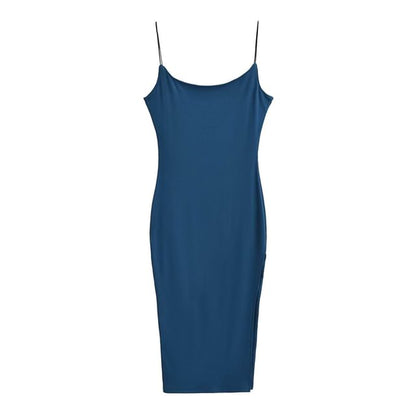Spaghetti Strap Scoop Neck Plain Slit Midi Bodycon Dress