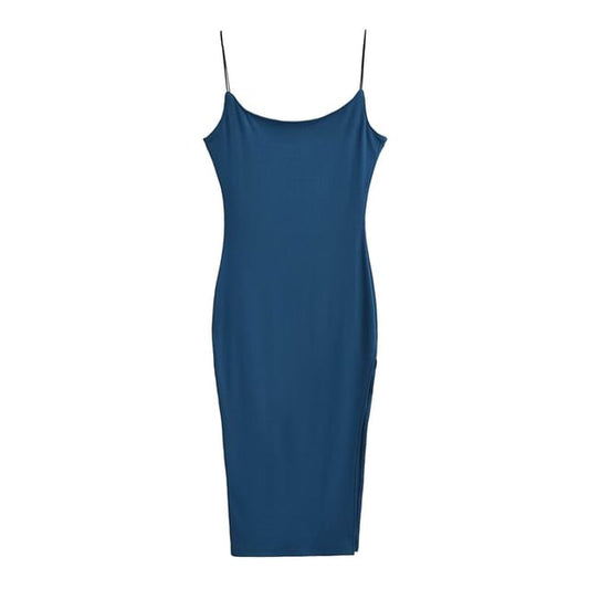 Spaghetti Strap Scoop Neck Plain Slit Midi Bodycon Dress