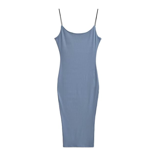 Spaghetti Strap Scoop Neck Plain Slit Midi Bodycon Dress